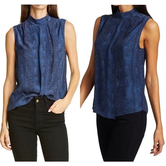 NWT FRAME Silk Snake Print High Neck Draped Cravat Collar Sleeveless Blouse XL - Picture 2 of 10